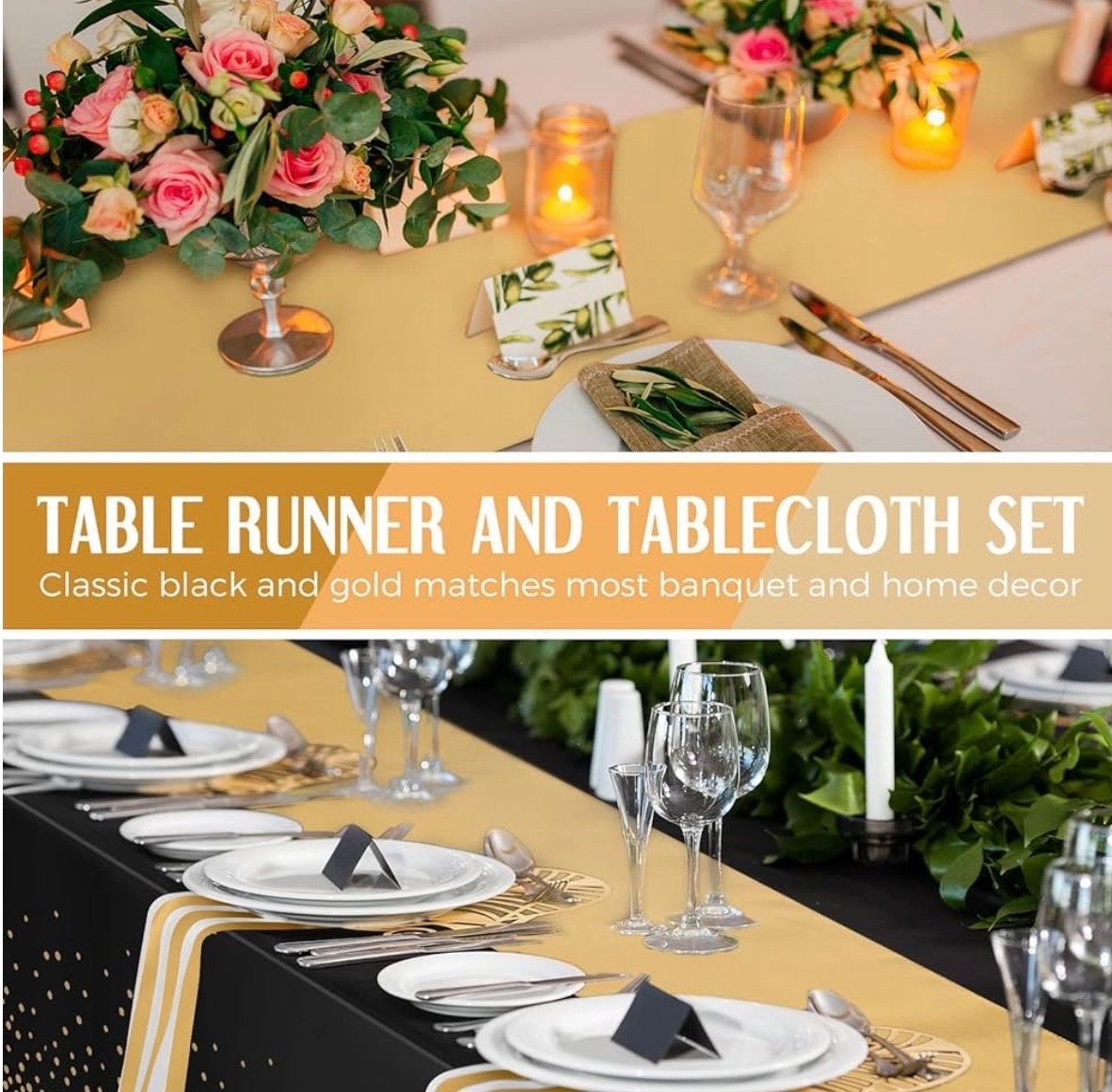 Black and Gold Tablecloths and Satin Table Runner Set, Table Cover ...