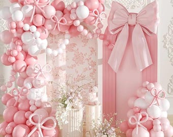Pink Balloon Garland Arch Kit,Coquette Birthday Decorations 176Pcs Pink Bow Long Balloons Pink and White Balloons Different Size for Wedding