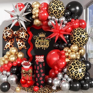 Red Black Gold Balloon Arch Garland Kit Leopard Cheetah Print Party Balloons Black Red Metallic Silver Gold Explosion Star Balloon for Girl