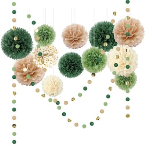 May include: A set of green, beige, and gold tissue paper pom-poms and garlands. The pom-poms are hanging from the ceiling and the garlands are strung between them.
