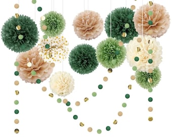 Pom Pom Set | Green Tissue Paper Pom Poms | Dusty Green Paper Flowers | Wedding Decor | Baby Shower | Birthday Party Decor 15pcs