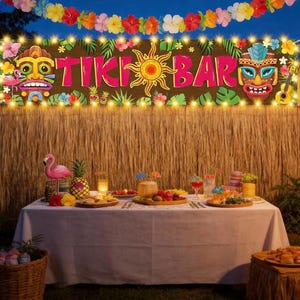 May include: A festive outdoor Tiki Bar setup with a table set for a party. The backdrop features a "TIKI BAR" sign with tiki masks, a sun, and string lights. A flamingo statue and pineapple are on the table.