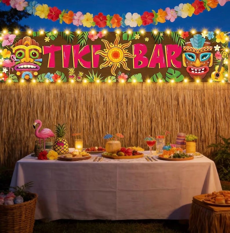 May include: A festive outdoor Tiki Bar setup with a table set for a party. The backdrop features a "TIKI BAR" sign with tiki masks, a sun, and string lights. A flamingo statue and pineapple are on the table.