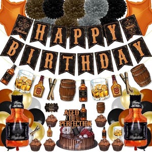 Whiskey Birthday Party Decorations for Men - Aged to Perfection Supplies including Birthday Banner, Cake Toppers,Foil Balloons,Paper Flowers