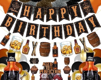 Whisky-verjaardagsfeestversieringen voor mannen: tot in de perfectie verouderd, benodigdheden zoals verjaardagsbanner, taarttoppers, folieballonnen, papieren bloemen