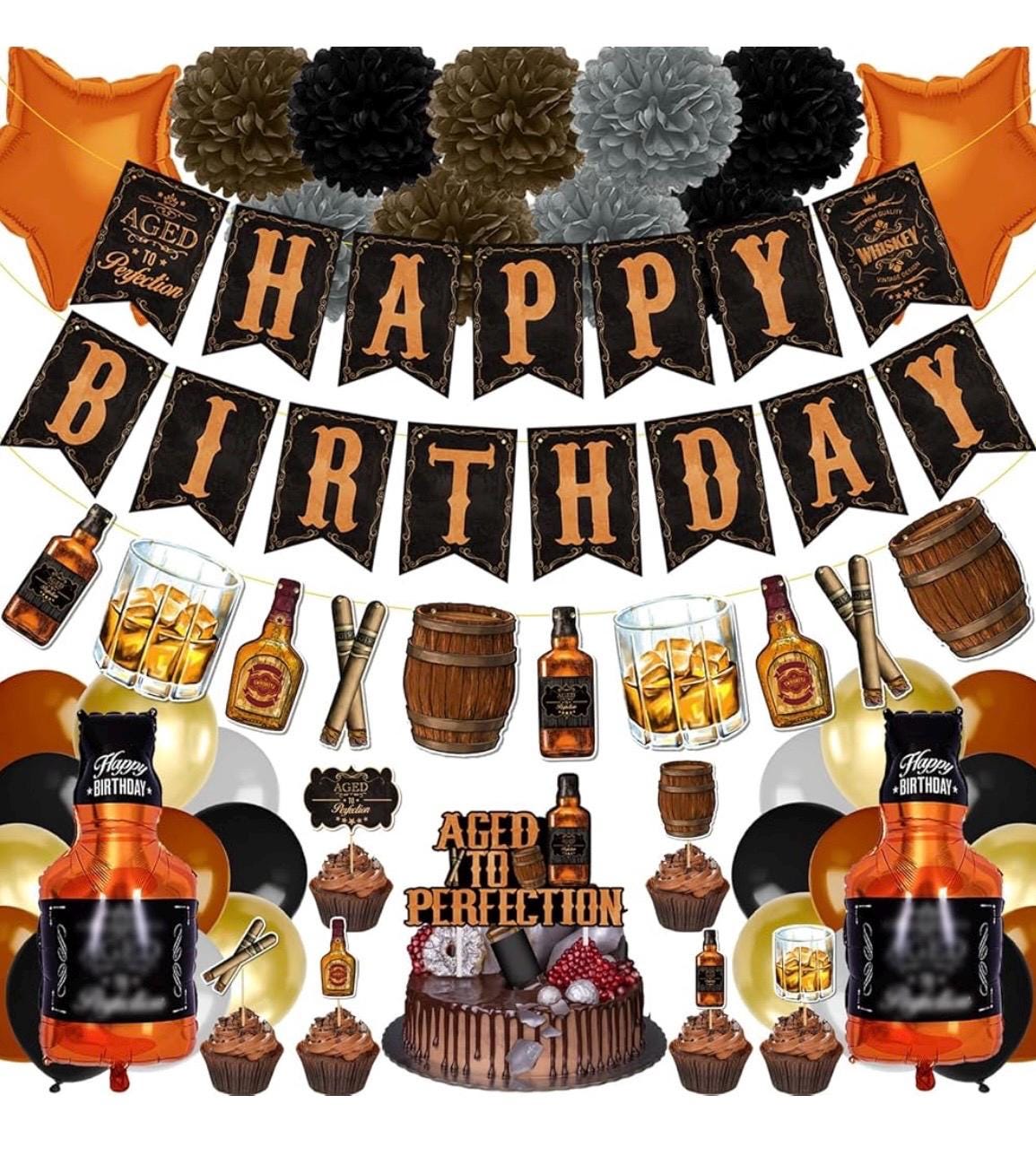 Whiskey Themed Birthday Decorations - "Aged To Perfection" Backdrop & Balloon Set
