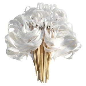 May include: A bundle of white satin ribbon wands with silver bells attached. The ribbons are attached to thin, natural wooden dowels. The wands are arranged in a bouquet shape, perfect for weddings or celebrations.