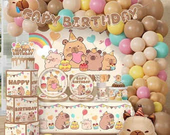 287 Pcs Capybara Birthday Decorations, Worry-Free One-Stop Set Serves 25 Guests, with Capybara Balloons Arch Kit, Backdrop, Thick Plates