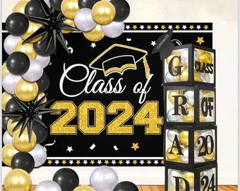 2024 Graduation Decorations 106Pcs Black and Gold Balloons Class of 2024 Backdrop Grad 2024 Black Balloon Box Starburst Balloons for Grad