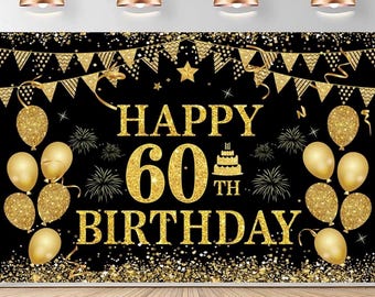60th Birthday Decorations for Men Women - Happy 60th Birthday Banner Party decorations Cheers to 60 Years Birthday Party Suppiles Black Gold