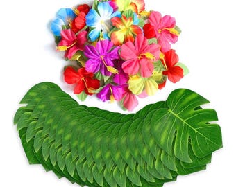 Tropische Luau-Partygirlande, Hibiskusblumen-Palmenblätter, Hawaii-Strandparty-Dekor, Sommer-Tiki-Aloha-Partydekoration, 60St
