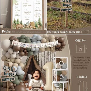 One Happy Camper Birthday Decorations, Camping 1st Birthday Party Supplies with Balloon Arch Balloon Box Backdrop High Chair Banner Crown image 6