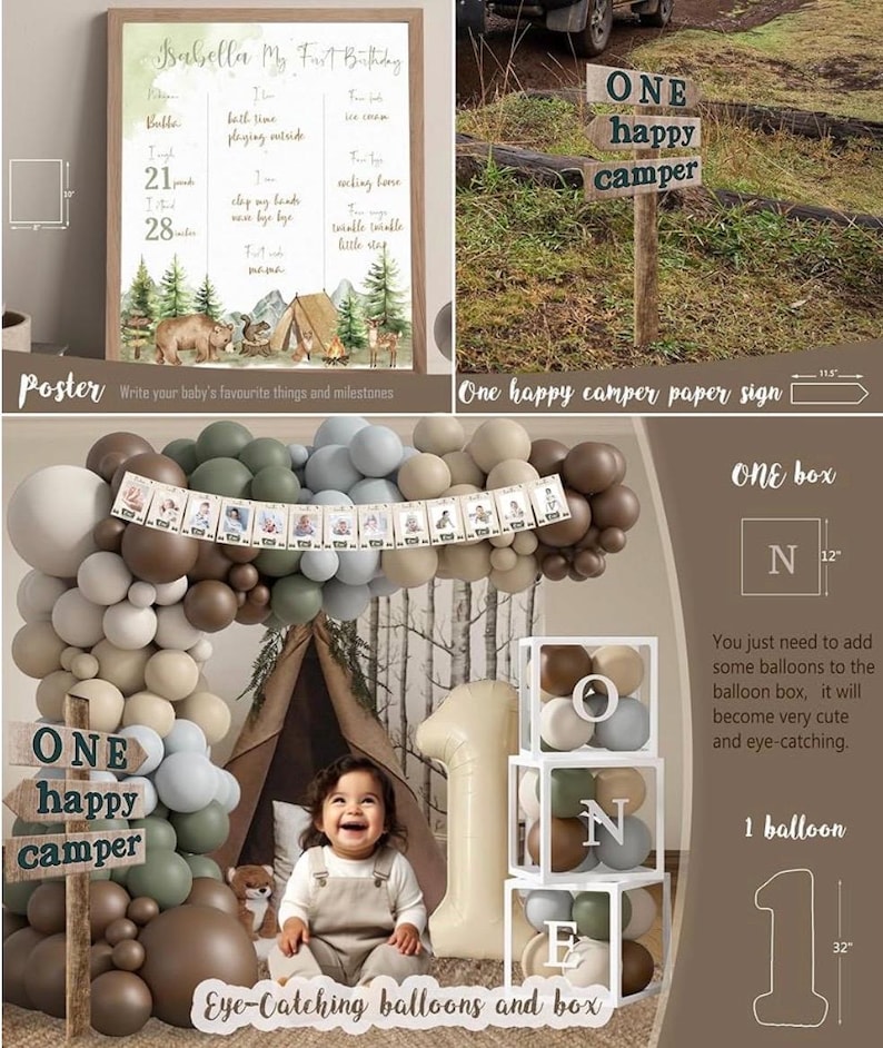 One Happy Camper Birthday Decorations, Camping 1st Birthday Party Supplies with Balloon Arch Balloon Box Backdrop High Chair Banner Crown image 6