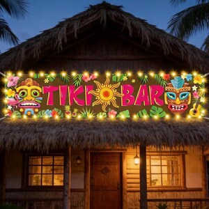 May include: A Tiki Bar sign with a brown wooden background, featuring the words "TIKI BAR" in pink letters. The sign is decorated with tiki masks, flowers, and a sun graphic. The sign is illuminated with string lights and is mounted on a thatched roof building.