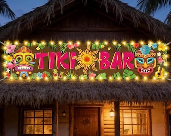 Decoraciones para fiestas hawaianas estilo tiki, pancarta luau estilo tiki, letrero luminoso para bar estilo tiki para fiestas de verano en Hawái, decoraciones para fiestas luau Aloha Moana, pancarta colgante