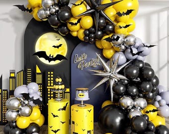 133PCS Black Yellow and Silver Balloons Arch Garland Kit, Bat Theme Balloon Arch for Man with Foil Balloons for Baby Shower Bat Theme Bday