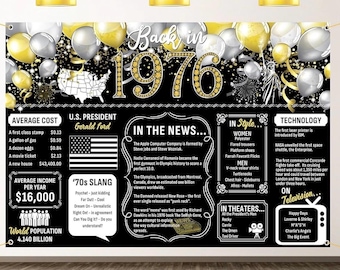 50th Birthday Black Gold Party Decoration Back in 1976 Backdrop Large Banner Birthday Party Poster Supplies Vintage 1976 Photography Back