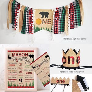 Lumberjack First Birthday Decorations, Lumberjack 1st Birthday Party Supplies,Buffalo Plaid Monthly Photo Banner Highchair Banner First Bday image 6