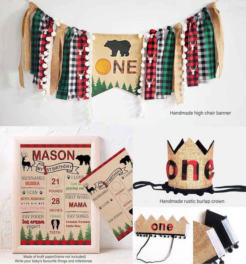 Lumberjack First Birthday Decorations, Lumberjack 1st Birthday Party Supplies,Buffalo Plaid Monthly Photo Banner Highchair Banner First Bday image 6