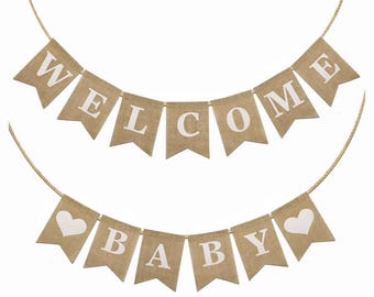 Welcome Baby Banner, Pre-Strung Burlap Welcome Baby Sign Banner Baby Shower Decoration Banner for Neutral Gender Reveal Party Baby Arrival