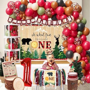 Lumberjack First Birthday Decorations, Lumberjack 1st Birthday Party Supplies,Buffalo Plaid Monthly Photo Banner Highchair Banner First Bday image 2