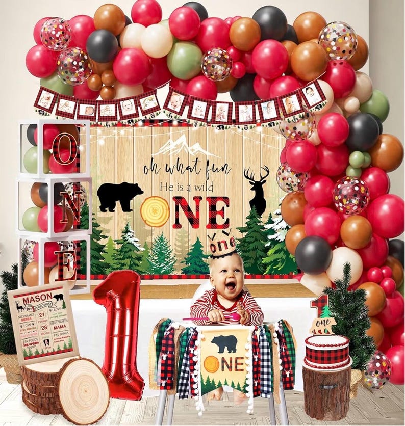 Lumberjack First Birthday Decorations, Lumberjack 1st Birthday Party Supplies,Buffalo Plaid Monthly Photo Banner Highchair Banner First Bday image 2