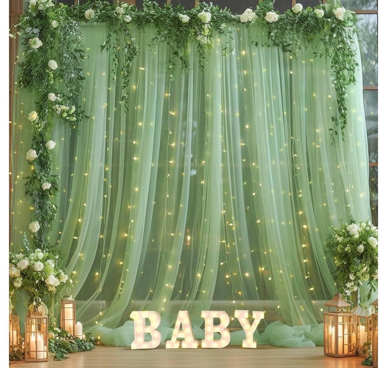 10ft X 10ft Yellow Backdrop Curtain With Lights String For Parties, Sheer Tulle Wedding Photo Backdrops Drapes For Baby Shower Birthday Party
