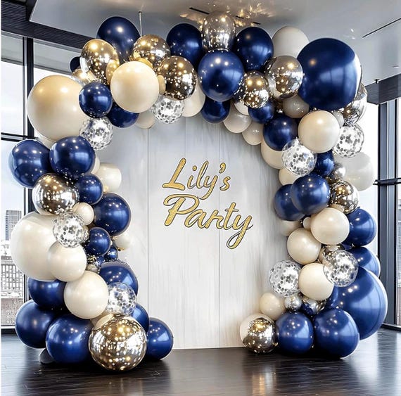 Kit De 77 Guirlandes De Ballons Bleu Marine Et Doré En Latex Métallisé Pour Anniversaire De