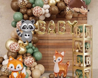 137 piezas de cajas de decoración para baby shower con animales del bosque, kit de arco de guirnalda de globos verde salvia y marrón, globos de aluminio con temática de animales del bosque.