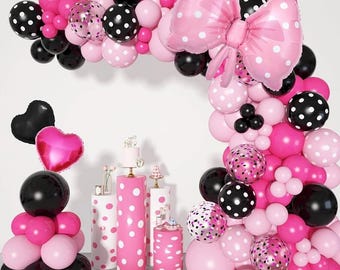Pink Mouse Balloon Garland Arch Kit for Cartoon Mouse Theme Birthday Party Decorations Girl Kids, Pink Black Rose Red Bow Foil Balloons