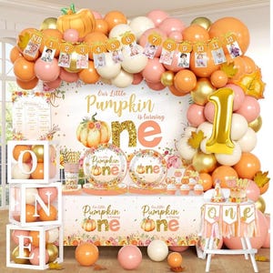 May include: A pumpkin-themed first birthday party decoration set featuring orange, peach, and cream balloons, a gold number one balloon, a photo banner, paper plates, cups, and clear boxes with the letters O, N, and E filled with balloons.