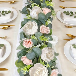 2 Pack 13Ft Artificial Eucalyptus Flower Garland with Peony Pink Rose, Baby Breath Fake Flowers Greenery Garland Floral Vine for Wedding