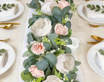 2 Pack 13Ft Artificial Eucalyptus Flower Garland with Peony Pink Rose, Baby Breath Fake Flowers Greenery Garland Floral Vine for Wedding