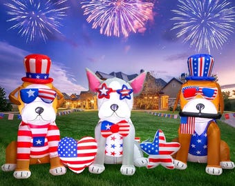 7 stóp nadmuchiwana dekoracja zewnętrzna z okazji 4 lipca, nadruk z flagą USA, 3 psy, serce, gwiazda, nadmuchiwana diodami LED, patriotyczna dekoracja ogrodowa na Dzień Niepodległości