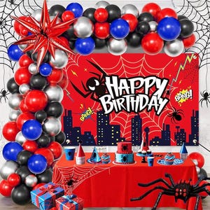 Red Theme Borthday Party Decorations Kit -Red Blue Black Latex Balloons Arch Garland with Web Backdrop for Boys Girls Kids