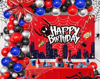 Red Theme Borthday Party Decorations Kit -Red Blue Black Latex Balloons Arch Garland with Web Backdrop for Boys Girls Kids