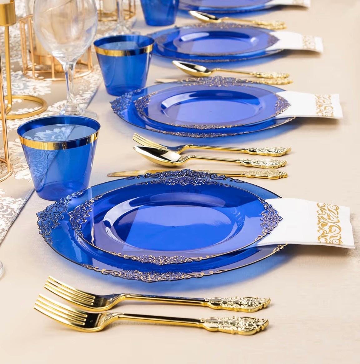 350PCS Clear Blue Plastic Plates for 50 Guests, Disposable Plates With ...