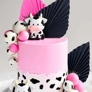 24 Pcs Pink Cute Cow Cake Decoration,Black and White Pink Ball Cake Toppers,Farm Animal Mini Cow with Miniature Figurines