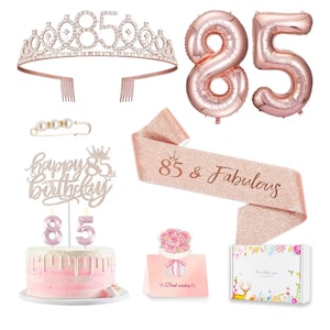 85th Birthday Decorations Gift for Her Women,85 year old Birthday Cake Topper, Birthday Queen Sash with Pearl Pin,Rhinestone Tiara Crown Set
