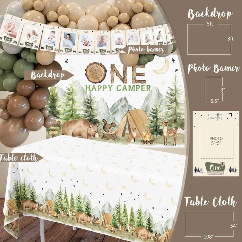 One Happy Camper Birthday Decorations, Camping 1st Birthday Party Supplies with Balloon Arch Balloon Box Backdrop High Chair Banner Crown image 4