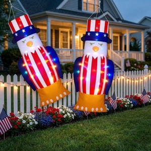 2 Pack 4th of July Eagle Windsock with LED Lights 250th Anniversary 40" Patriotic Memorial Day Outdoor Decorations for Yard, Porch & Garden