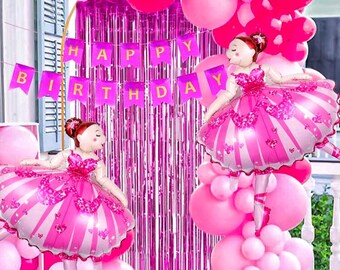 79 Pcs Hot Pink  Ballet Girl Flower Balloon Garland Kit With Birthday Banner Tassel Curtain Ballet Girl Foil Balloon for Princess Birthday