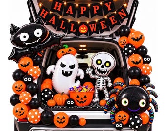 Kit de decoración para coche "Trunk or Treat", 75 globos de Halloween, globos de aluminio, pancarta y luces, decoración para el maletero de una SUV para fiestas de Halloween.