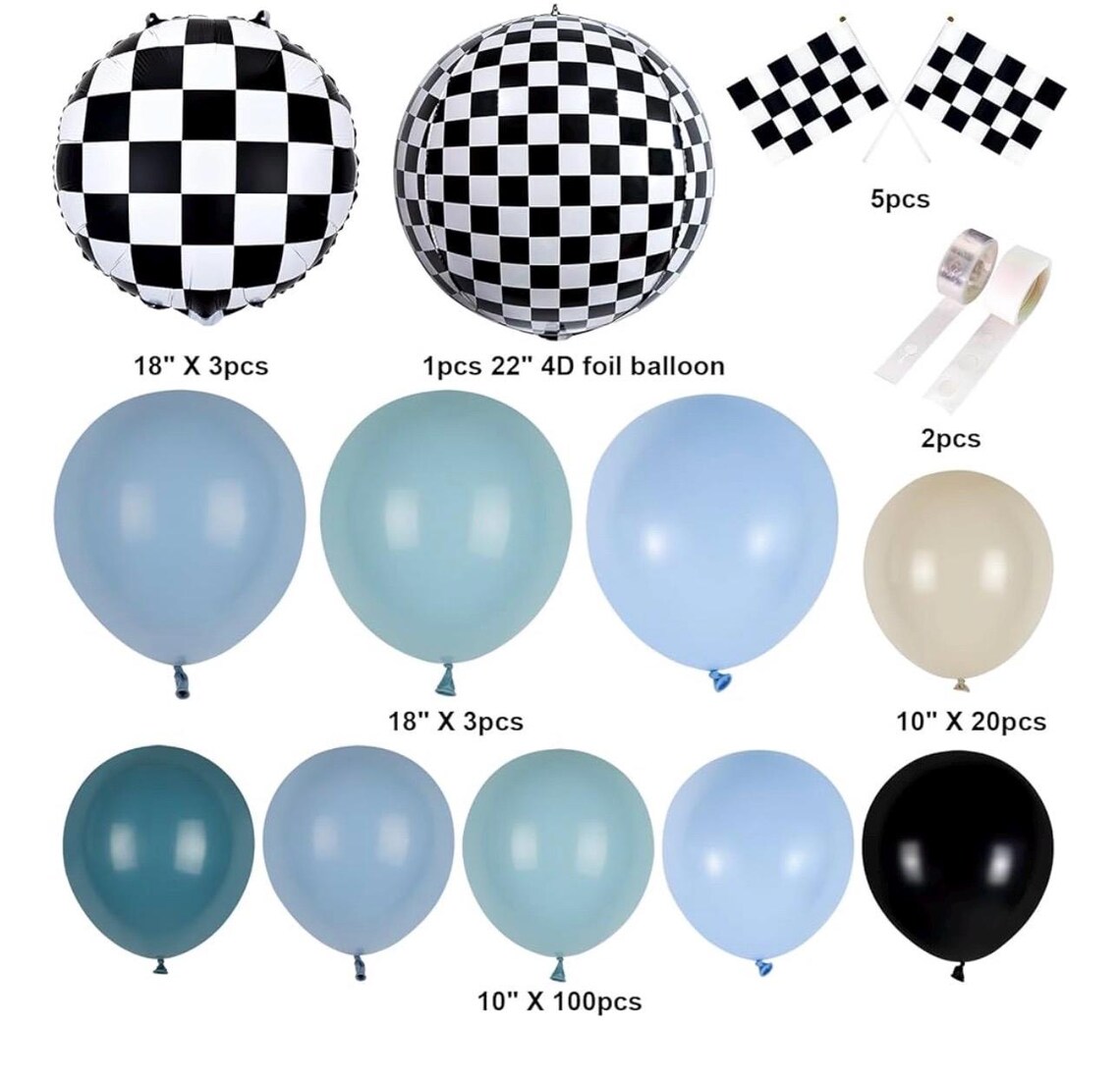 Race Balloon Garland Arch Kit, Dusty Blue Black Balloons With Checkered ...