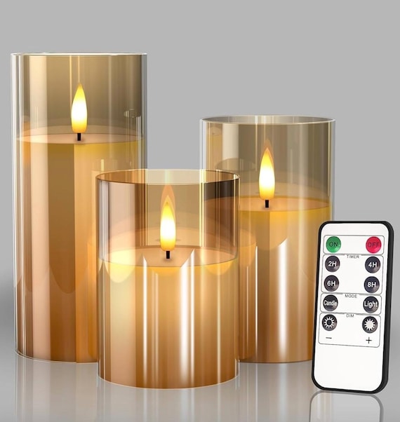 Glas Batteriebetriebene LED Flammenlose Kerzen mit Fernbedienung und Timer, Echtwachskerzen Warme Farbe Flackerndes Licht für Hochzeit Home Party Decor