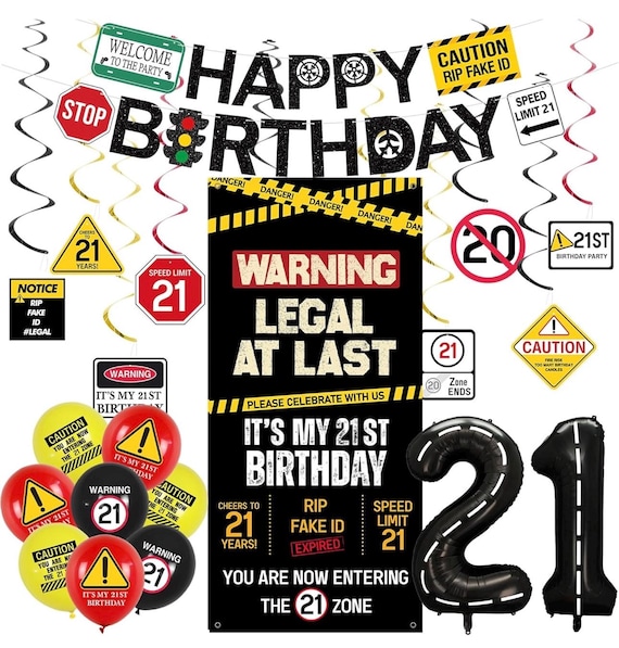 21st Birthday Party Decorations, Black Happy 21st Birthday Banner