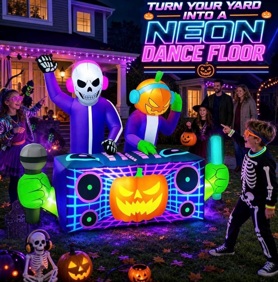 8FT Halloween Inflatable Skeleton Pumpkin DJ Duo, Giant Lighted