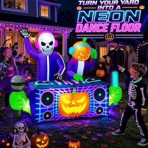 8FT Halloween Inflatable Skeleton Pumpkin DJ Duo, Giant Lighted