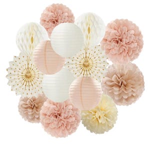 Champagne-Gold Beige-Peach Boho Party-Decorations Streamers 14pcs Fall Neutral Baby Shower Rustic Bohemian Wedding Paper Honeycomb Lanterns