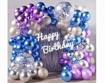 136Pcs Blue and Purple Balloons Arch Garland Kit, 18/12/5 Inch Metallic Blue Party Balloons Set Silver Confetti Latex Balloons for Birthday